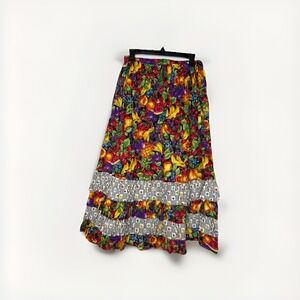 Vintage Cactus Flower Skirt O/S Multicolor Fruit Peasant Maxi Boho Festival